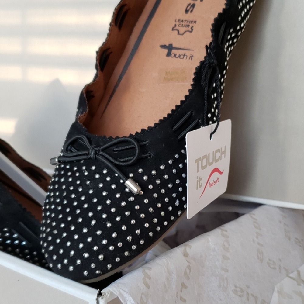 Tamaris NEW Ballerinas Flats Metallic Studs Shoe BLACK Suede Leather Womens 7.5 - Picture 9 of 17